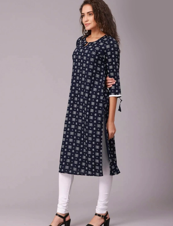 Liva Rayon Printed Knee Length Straight Kurti For Women - M, Navy