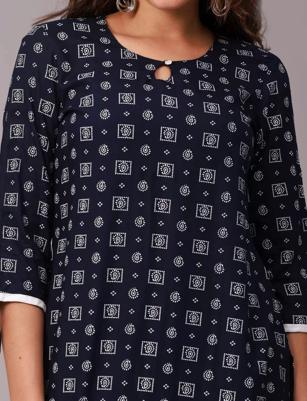 Liva Rayon Printed Knee Length Straight Kurti For Women - M, Navy