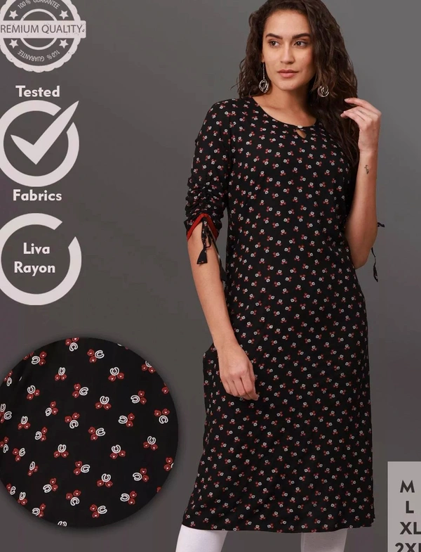 Liva Rayon Printed Knee Length Straight Kurti For Women - XXL, Black
