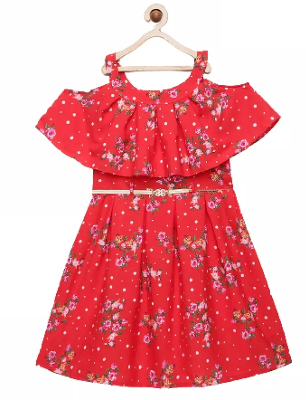 Sleeveless Casual Wear Poly Crepe Floral Print For Girls- Girls Frock - 9-10 Year, Red