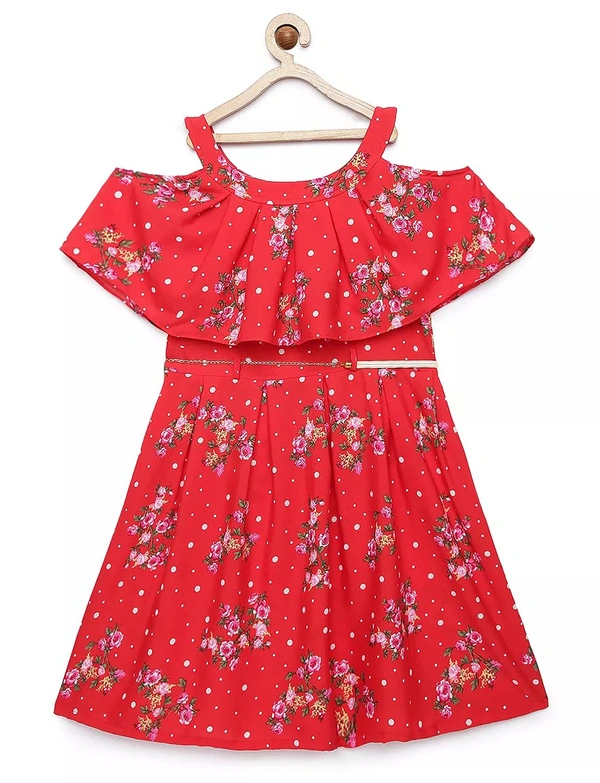 Sleeveless Casual Wear Poly Crepe Floral Print For Girls- Girls Frock - 9-10 Year, Red