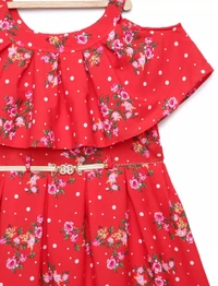 Sleeveless Casual Wear Poly Crepe Floral Print For Girls- Girls Frock - 9-10 Year, Red