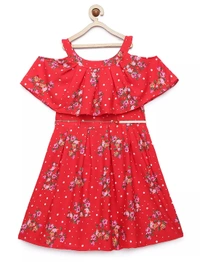 Sleeveless Casual Wear Poly Crepe Floral Print For Girls- Girls Frock - 13-14 Year, Red