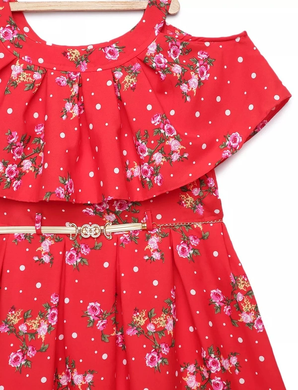 Sleeveless Casual Wear Poly Crepe Floral Print For Girls- Girls Frock - 13-14 Year, Red