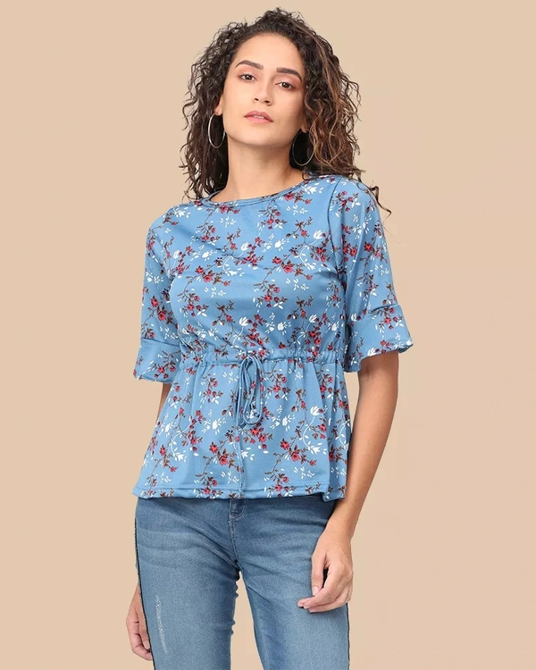 Imported Floral Print Regular / Waist Length Floral Top For Women - S, Blue