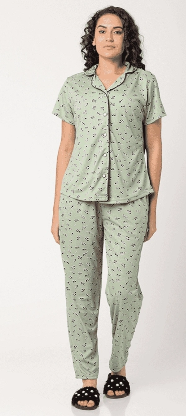 Printed Pure Cotton Nightsuit For Women - S, Olive