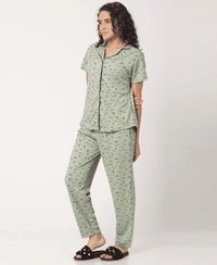 Printed Pure Cotton Nightsuit For Women - M, Olive