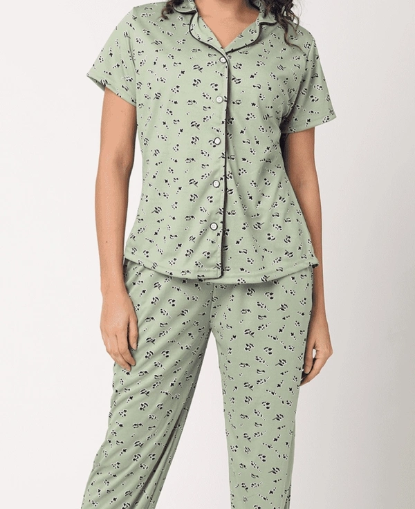 Printed Pure Cotton Nightsuit For Women - M, Olive