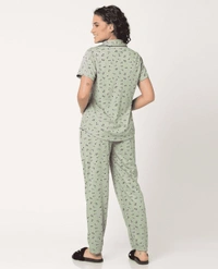 Printed Pure Cotton Nightsuit For Women - L, Olive