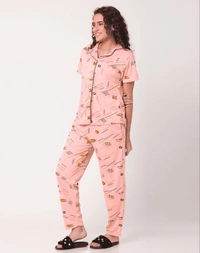 Printed Pure Cotton Nightsuit For Women - S, Peach