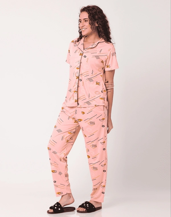 Printed Pure Cotton Nightsuit For Women - S, Peach