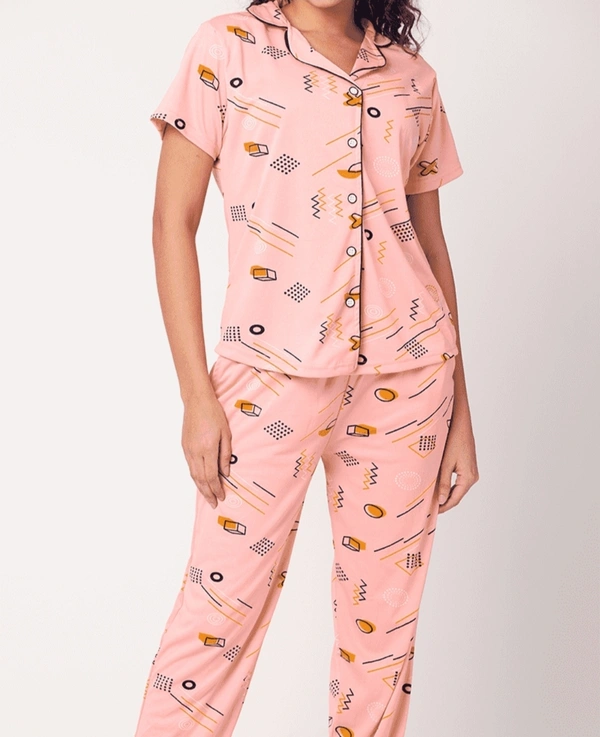 Printed Pure Cotton Nightsuit For Women - M, Peach