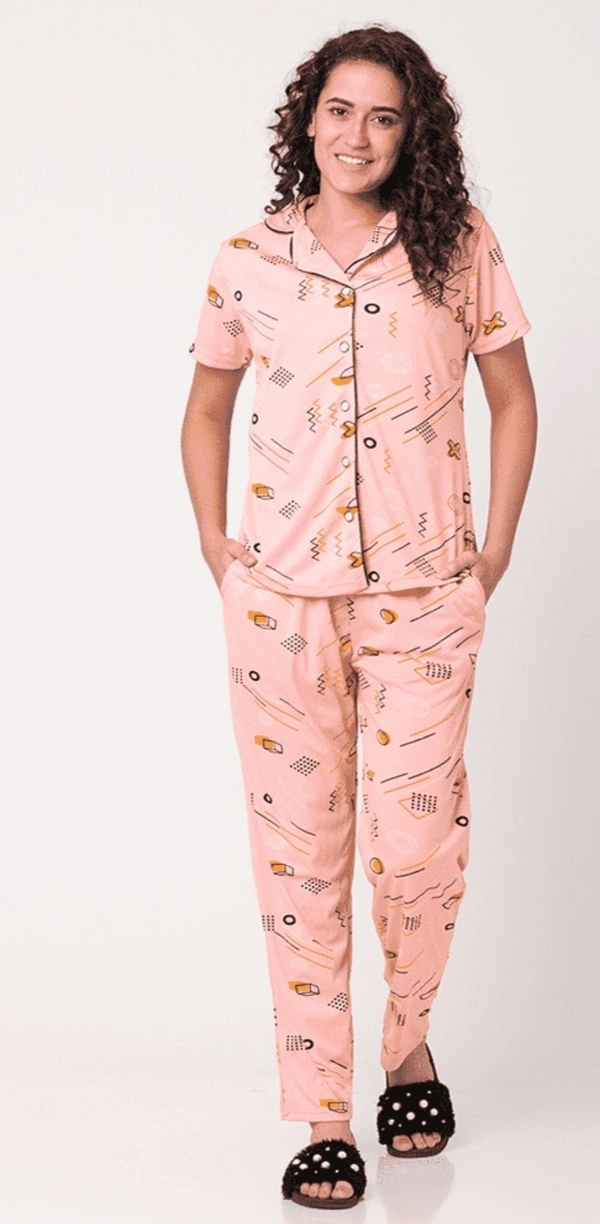 Printed Pure Cotton Nightsuit For Women - XL, Peach