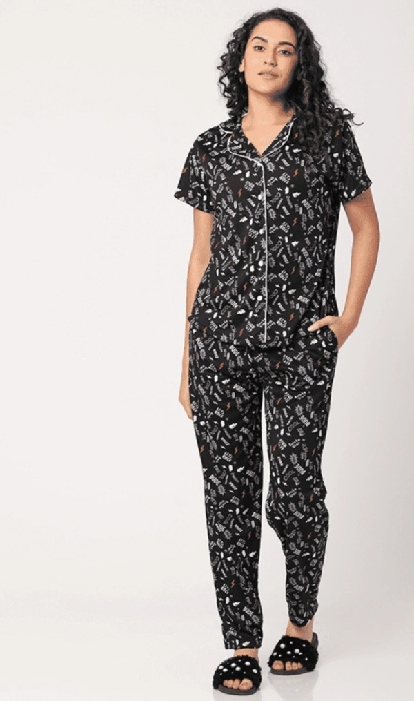 Printed Pure Cotton Nightsuit For Women - M, Black