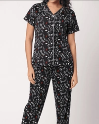 Printed Pure Cotton Nightsuit For Women - XL, Black