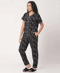 Printed Pure Cotton Nightsuit For Women - XL, Black