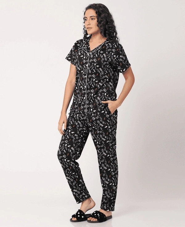 Printed Pure Cotton Nightsuit For Women - XL, Black