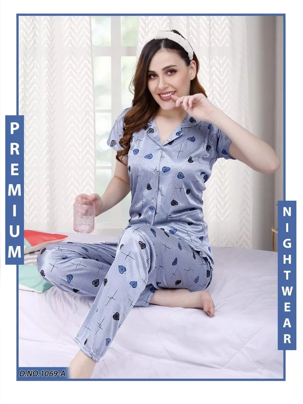 Premium Quality Satin Half Sleeves Striped Night Suit For Women - XL, Sky Blue