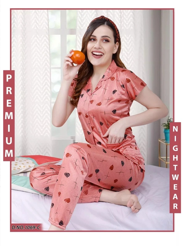 Premium Quality Satin Half Sleeves Striped Night Suit For Women - XL, Cherry