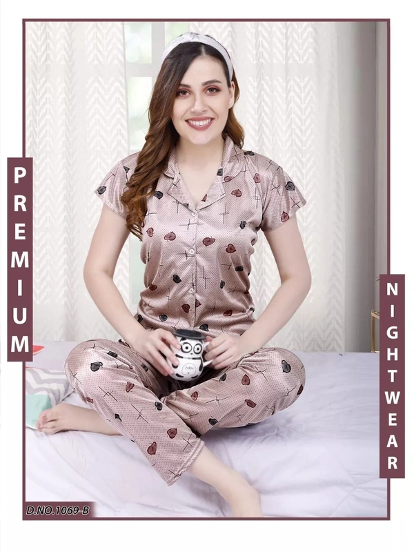 Premium Quality Satin Half Sleeves Striped Night Suit For Women - XL, Chocolate