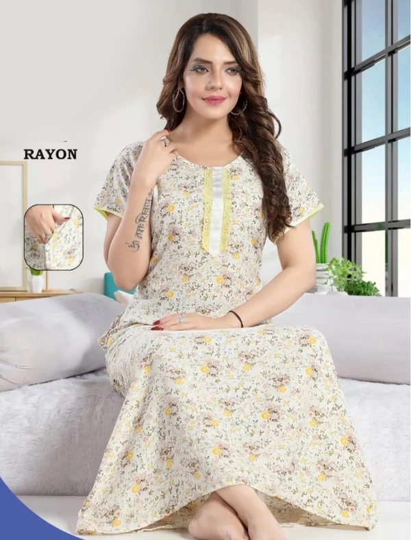 Premium Quality Rayon Round Neck Printed Straight Cut Night Gown For Women - XL, Mustard
