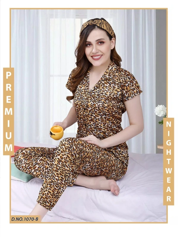 Cheetah Print Satin Half Sleeves Printed Night Suit For Women - XXL, Multicolor 3