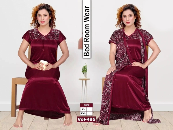 Satin Two Pcs Half Printed Babydoll Set For Women Nightdress - XXL, Maroon