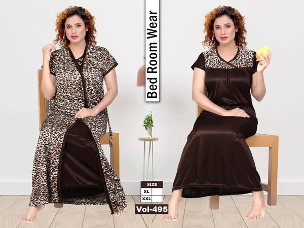 Satin Two Pcs Half Printed Babydoll Set For Women Nightdress - XL, Brown