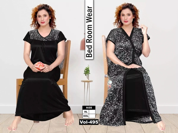 Satin Two Pcs Half Printed Babydoll Set For Women Nightdress - XL, Black
