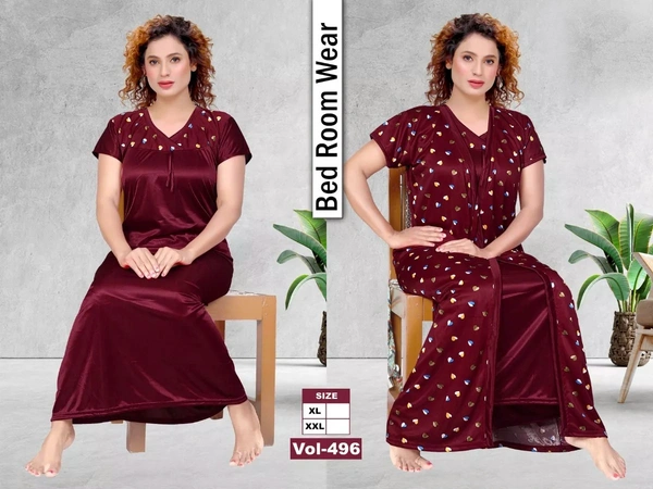 Satin Two Pcs Half Printed Babydoll Set For Women Nightdress - XXL, Maroon
