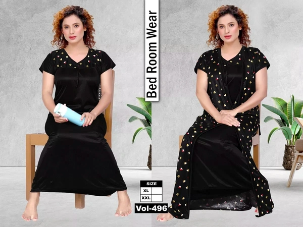 Satin Two Pcs Half Printed Babydoll Set For Women Nightdress - XL, Black