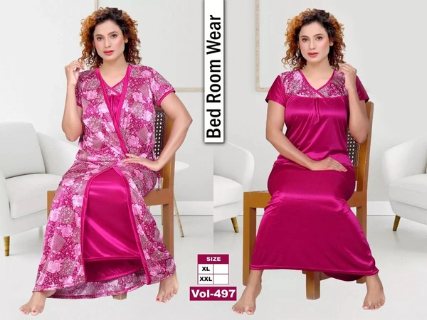 Satin Two Pcs Half Printed Set For Women Nightdress - XXL, Pink