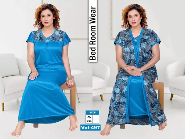 Satin Two Pcs Half Printed Set For Women Nightdress - XL, Blue