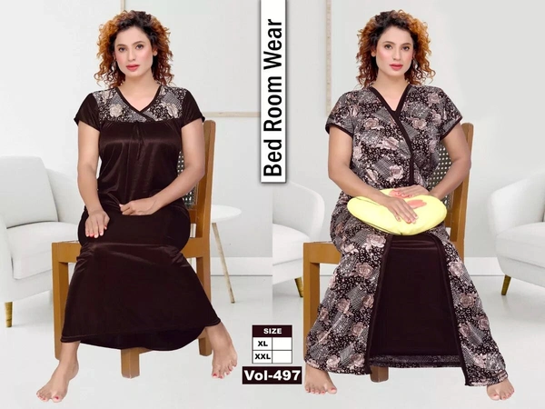 Satin Two Pcs Half Printed Set For Women Nightdress - XL, Brown