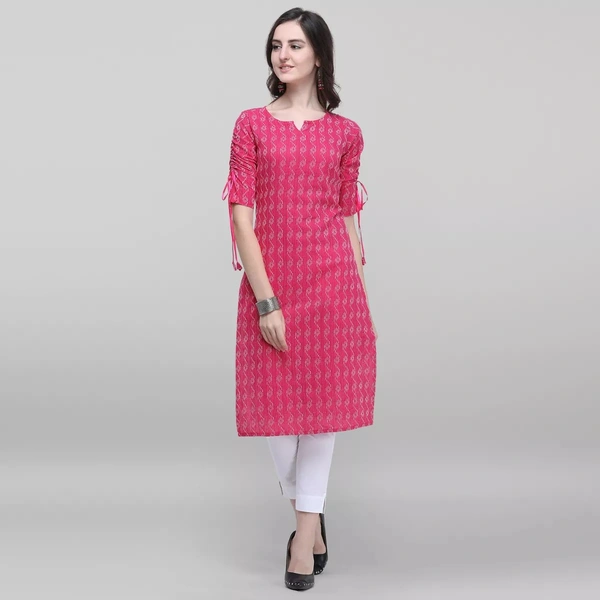 Cotton Printed Knee Length Straight Kurti For Women - L, Pink