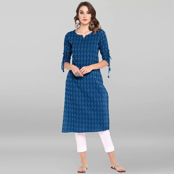 Cotton Printed Knee Length Straight Kurti For Women - L, Blue