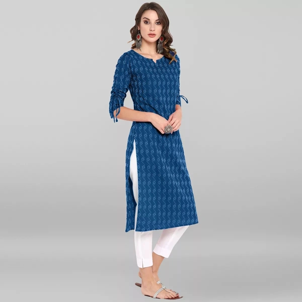 Cotton Printed Knee Length Straight Kurti For Women - L, Blue