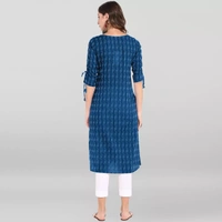Cotton Printed Knee Length Straight Kurti For Women - L, Blue