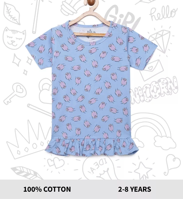 100% Cotton Half Sleeves Graphic Print T-Shirts For Girls - 2-3 Years(20), Multicolor