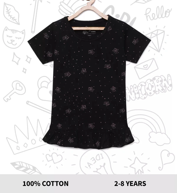 100% Cotton Half Sleeves Graphic Print T-Shirts For Girls - 5-6 Years(26), Black