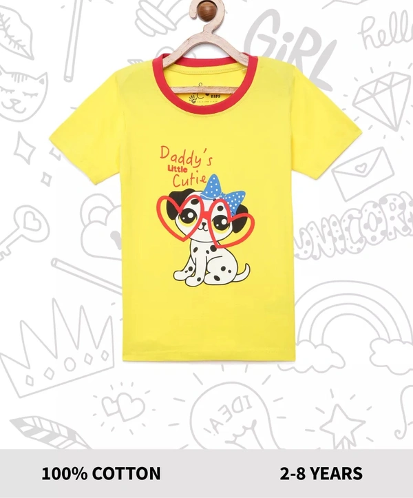 100% Cotton Half Sleeves Graphic Print T-Shirts For Girls-Daddy's Little Cutie - 3-4 Years(22), Yellow