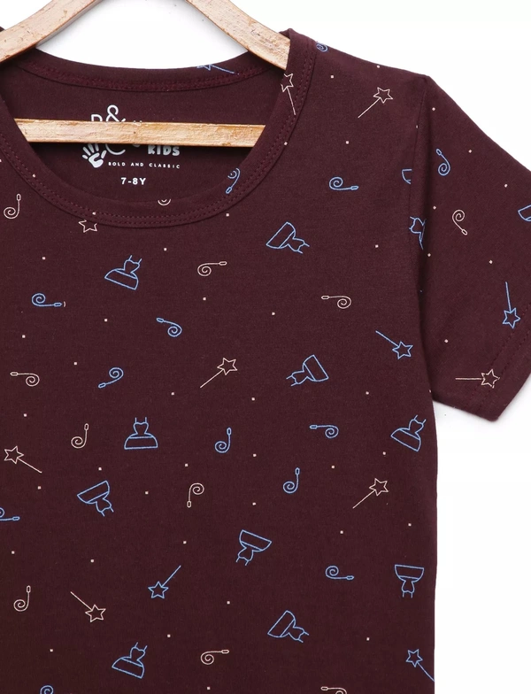 100% Cotton Half Sleeves Graphic Print T-Shirts For Girls - 4-5 Years(24), Brown