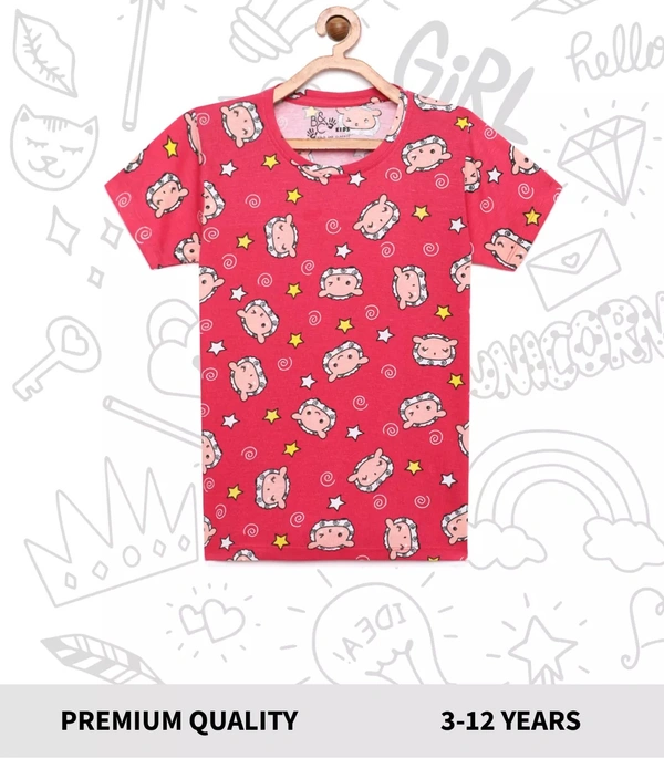 Cotton Half Sleeves Cartoon Printed T-Shirts For Girls - 5-6 Years(26), Multicolor