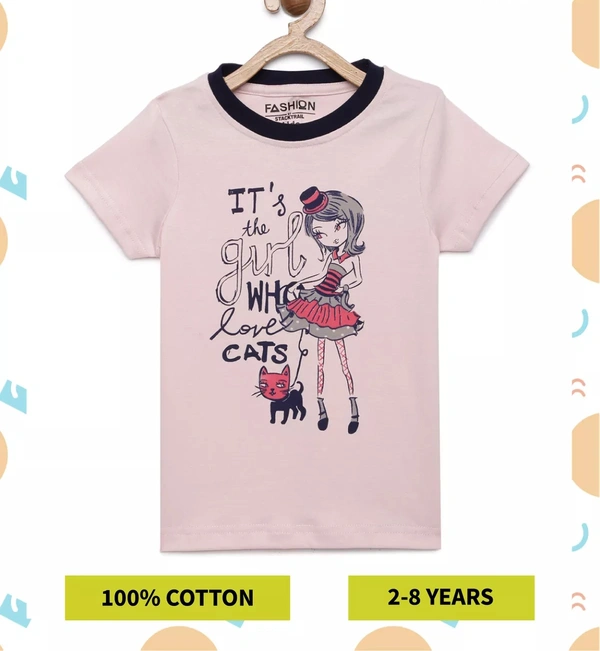 Kids Girls 2-8 Years Half Sleeves Graphic Print T-Shirt-GIRL AND CAT - 4-5 Years (24), Pink