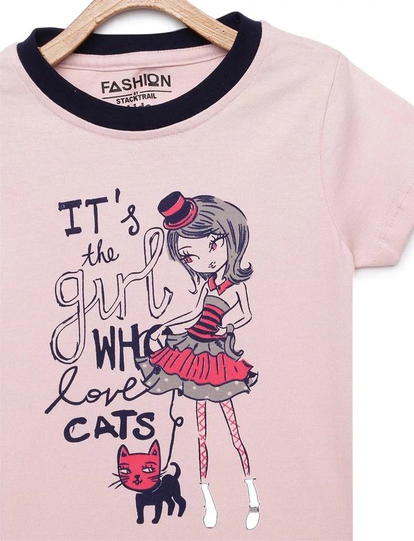 Kids Girls 2-8 Years Half Sleeves Graphic Print T-Shirt-GIRL AND CAT - 4-5 Years (24), Pink