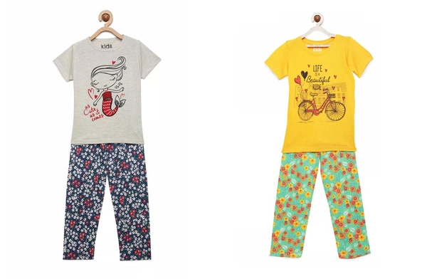 Kids Girls 2-8 Years Graphic T-Shirt Paired With Printed Pyjama-COMBO PACK OF 2 - 7-8 Years(28), Multicolor