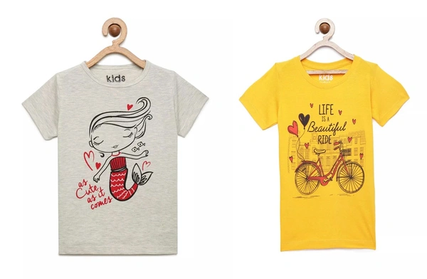 Kids Girls 2-8 Years Graphic T-Shirt Paired With Printed Pyjama-COMBO PACK OF 2 - 7-8 Years(28), Multicolor