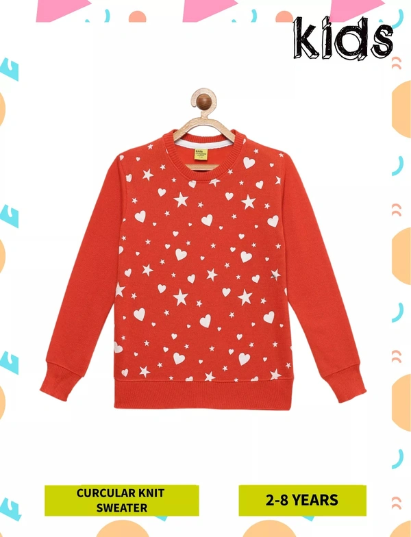 Circular Knitted Poly Full Sleeves Regular Print Sweater For Girls- Heart And Star - 3-4 Years(22), Rust