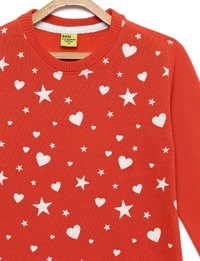 Circular Knitted Poly Full Sleeves Regular Print Sweater For Girls- Heart And Star - 3-4 Years(22), Rust