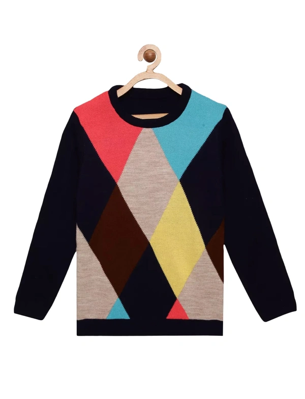 Acrylic Color Blocked Print Fully Closed Full Sleeves Sweater For Boys - 11-12 Years(34)